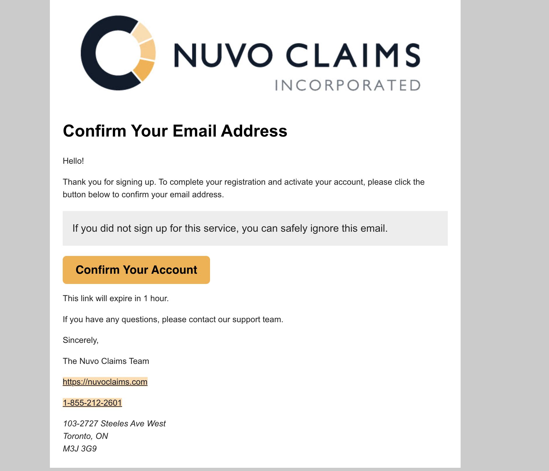 An email confirmation message from Nuvo Claims Incorporated asking the recipient to verify their email address with a prominent orange 'Confirm Your Account' button. The message includes contact information and a website URL.