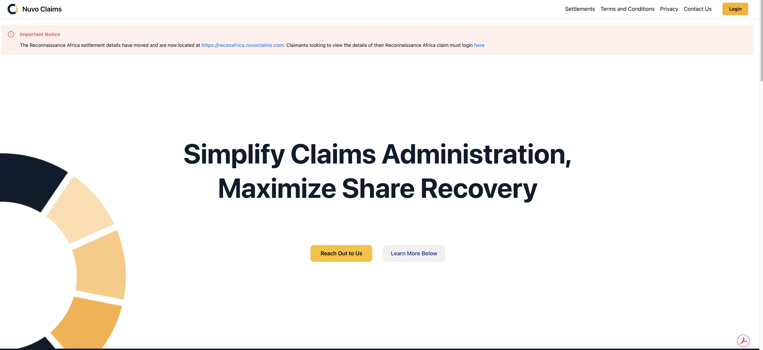 Screenshot of Nuvo Claims website with a large headline that reads 'Simplify Claims Administration, Maximize Share Recovery' and two buttons labeled 'Reach Out to Us' and 'Learn More Below.' The website header includes links for Settlements, Terms and Conditions, Privacy, Contact Us, and a yellow Login button. There is a red notice at the top about the Reconnaissance Africa settlement details moving to a new link.