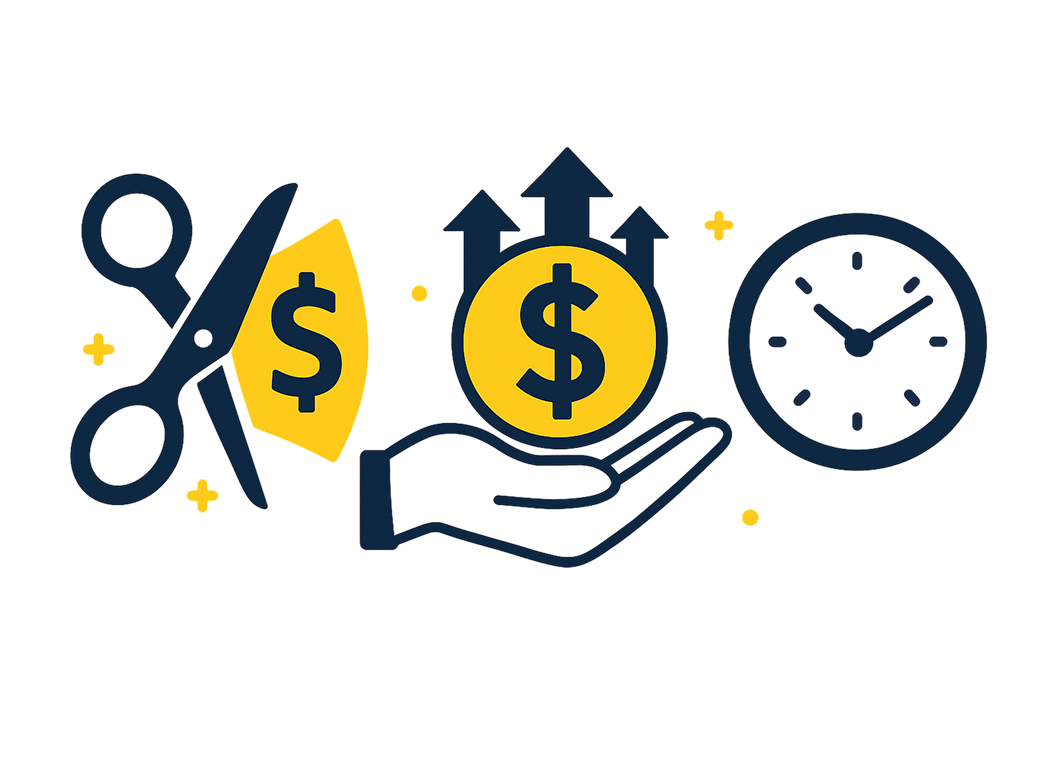 Illustration of financial growth with scissors cutting a dollar bill, a hand holding a dollar coin, a dollar sign with arrows pointing upward, and a clock, symbolizing money, time, and investment.