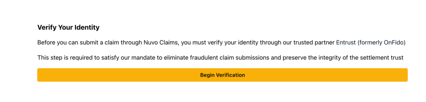 A web page titled 'Verify Your Identity' with instructions for identity verification through Nuvo Claims, including a large orange button labeled 'Begin Verification'.