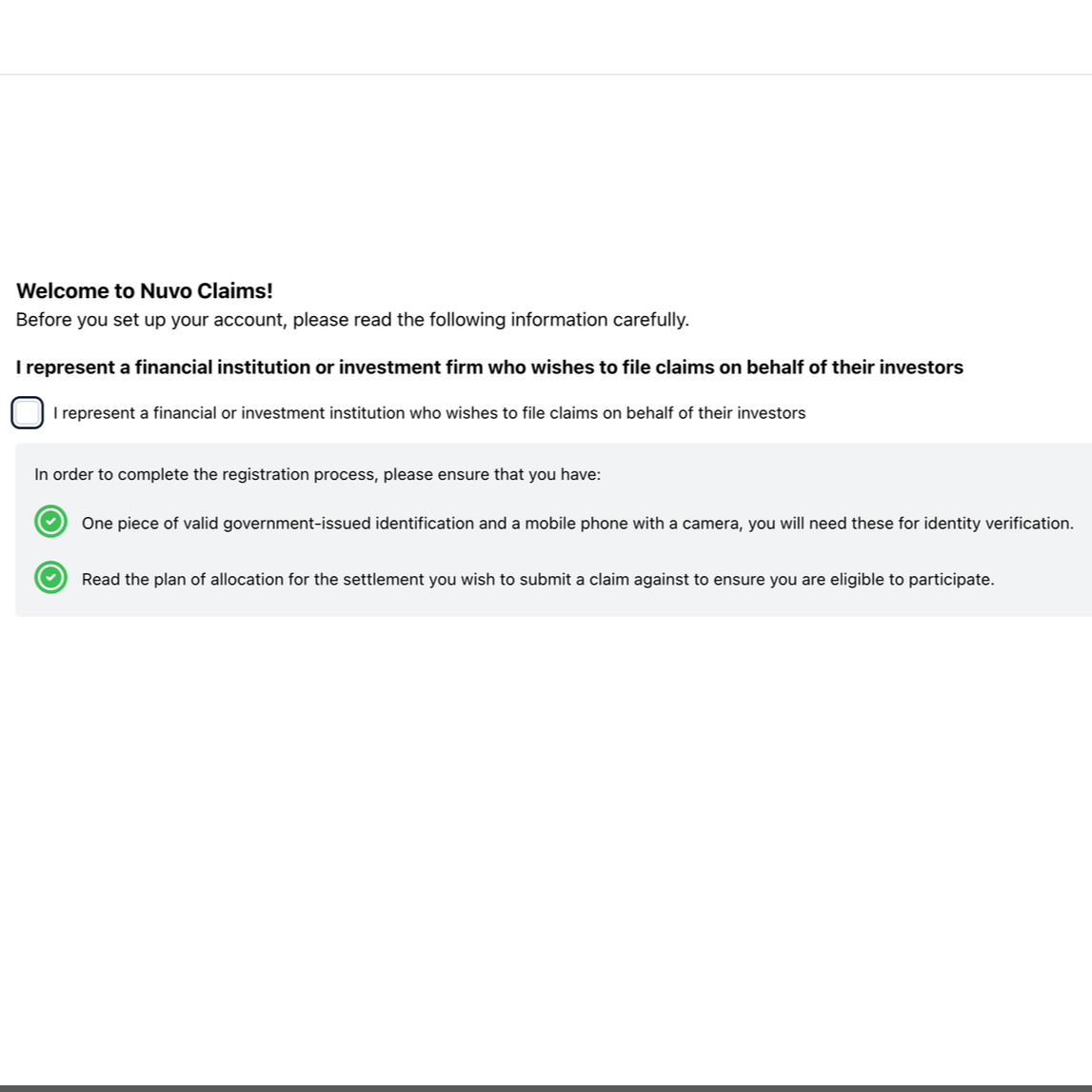 A webpage titled 'Welcome to Nuvo Claims!' with instructions for account setup, including checkboxes and green check marks for verification requirements.