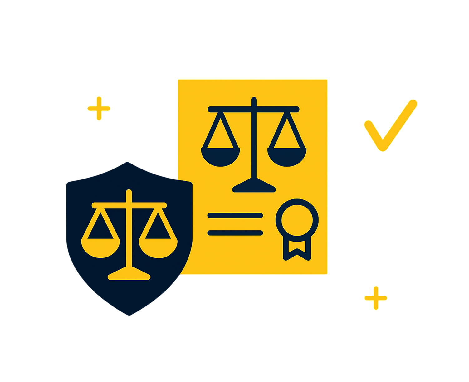 Icons of scales of justice, a shield with scales, a certificate with a seal, and a checkmark indicating legal certification or approval.