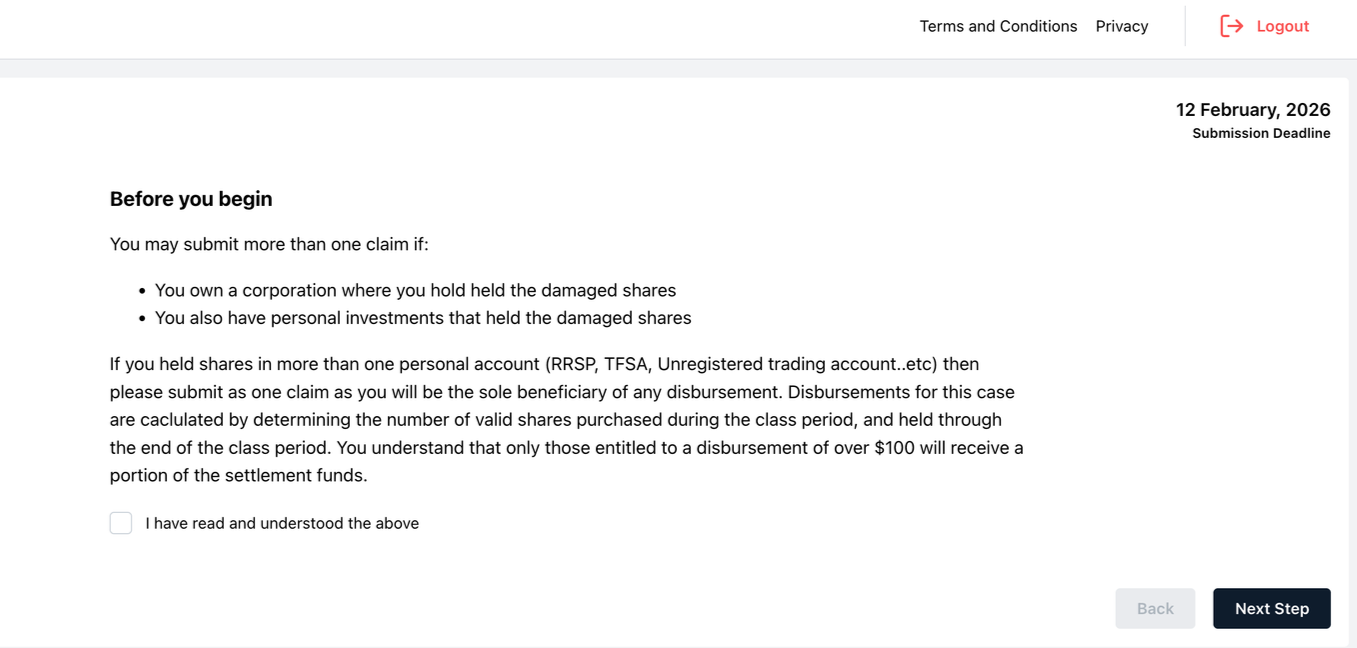 Screenshot of a webpage with instructions for submitting claims, including a checkbox, submission deadline of February 12, 2026, and navigation options for 'Back' and 'Next Step'.