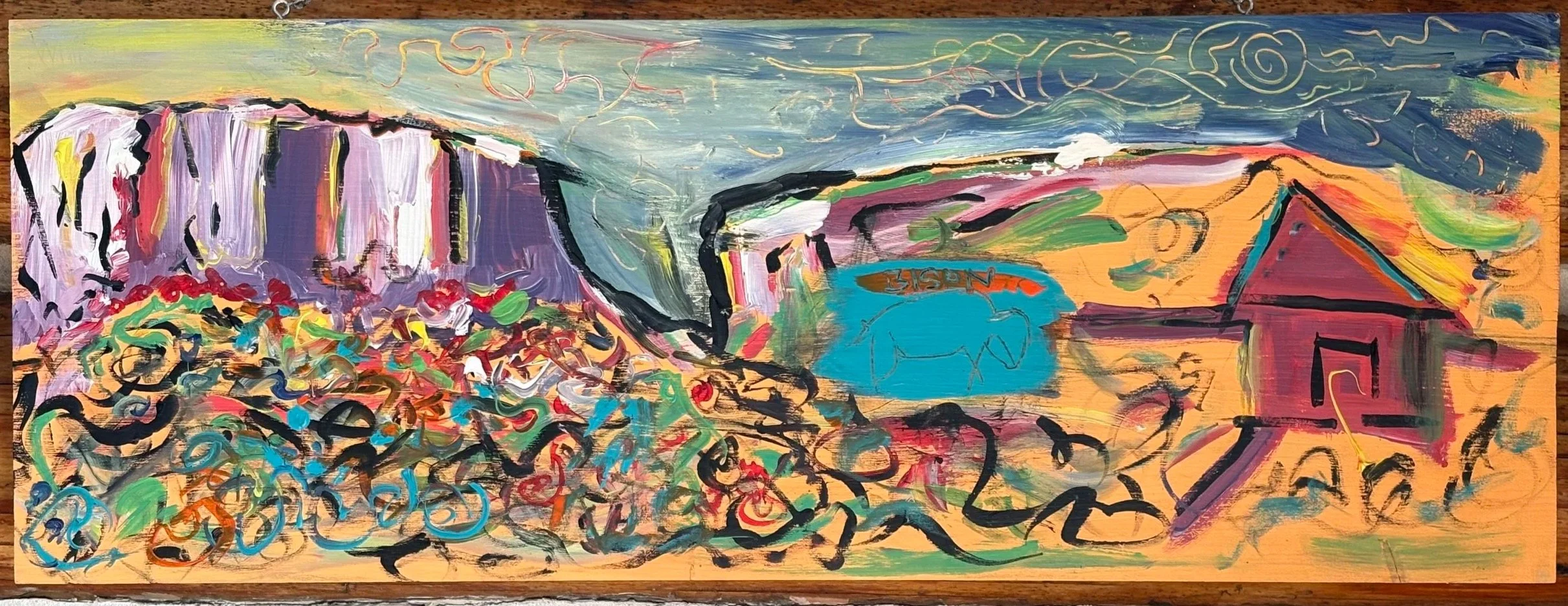 Abstract colorful landscape painting with a cliffs, a barn, rocks, and a blue bison-shaped object in a vibrant, expressive style.