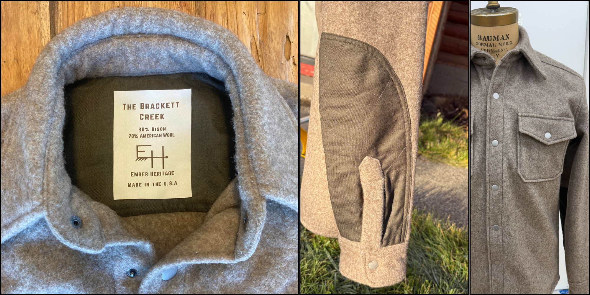 close up of the Brackett Creek JacShirt with new label and close ups of stitching details