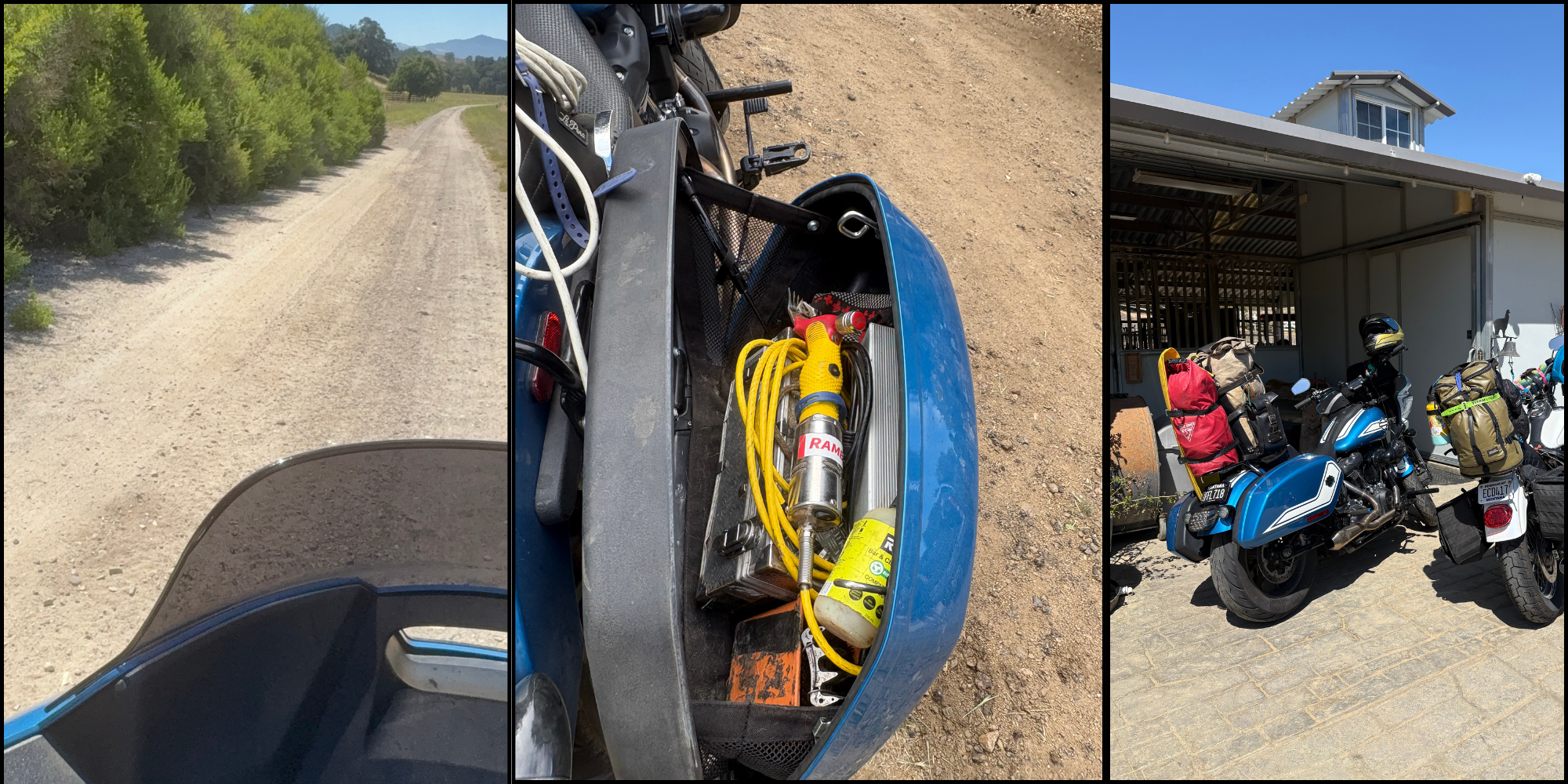 images of a Harley Davidson on a dirt road, as well as shearing tools in the saddlebags and two motorcycles by animal shelters