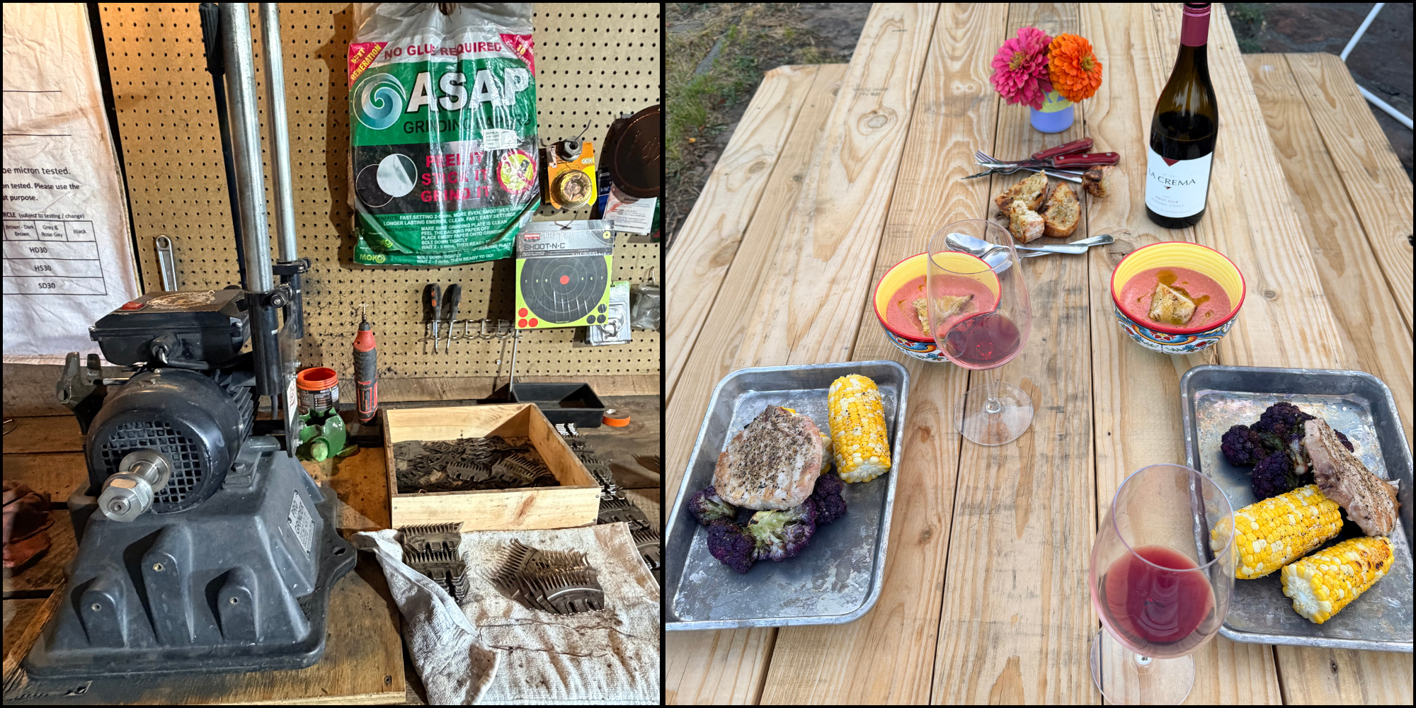 end of season image on left of grinder, dirty combs and cutters in workshop setting, then on the right the juxtaposition of life back home, with a meal of gazpacho, pork chops, handmade bread and wine with fresh cut flowers on picnic table