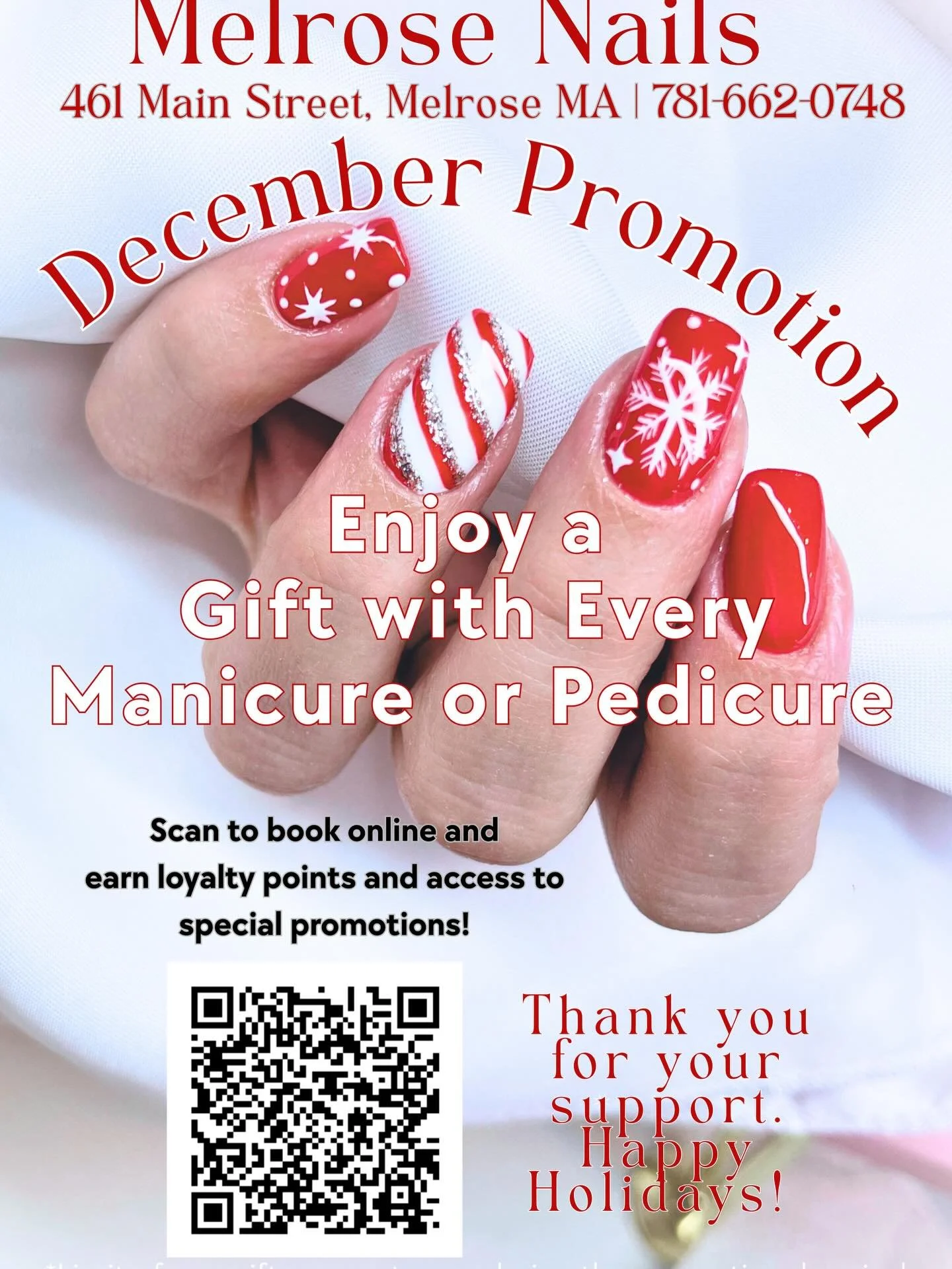 Happy Holidays from Melrose Nails! Enjoy a gift with every manicure or pedicure 🎄❄️☃️

* Limit of one gift per customer during the promotional period