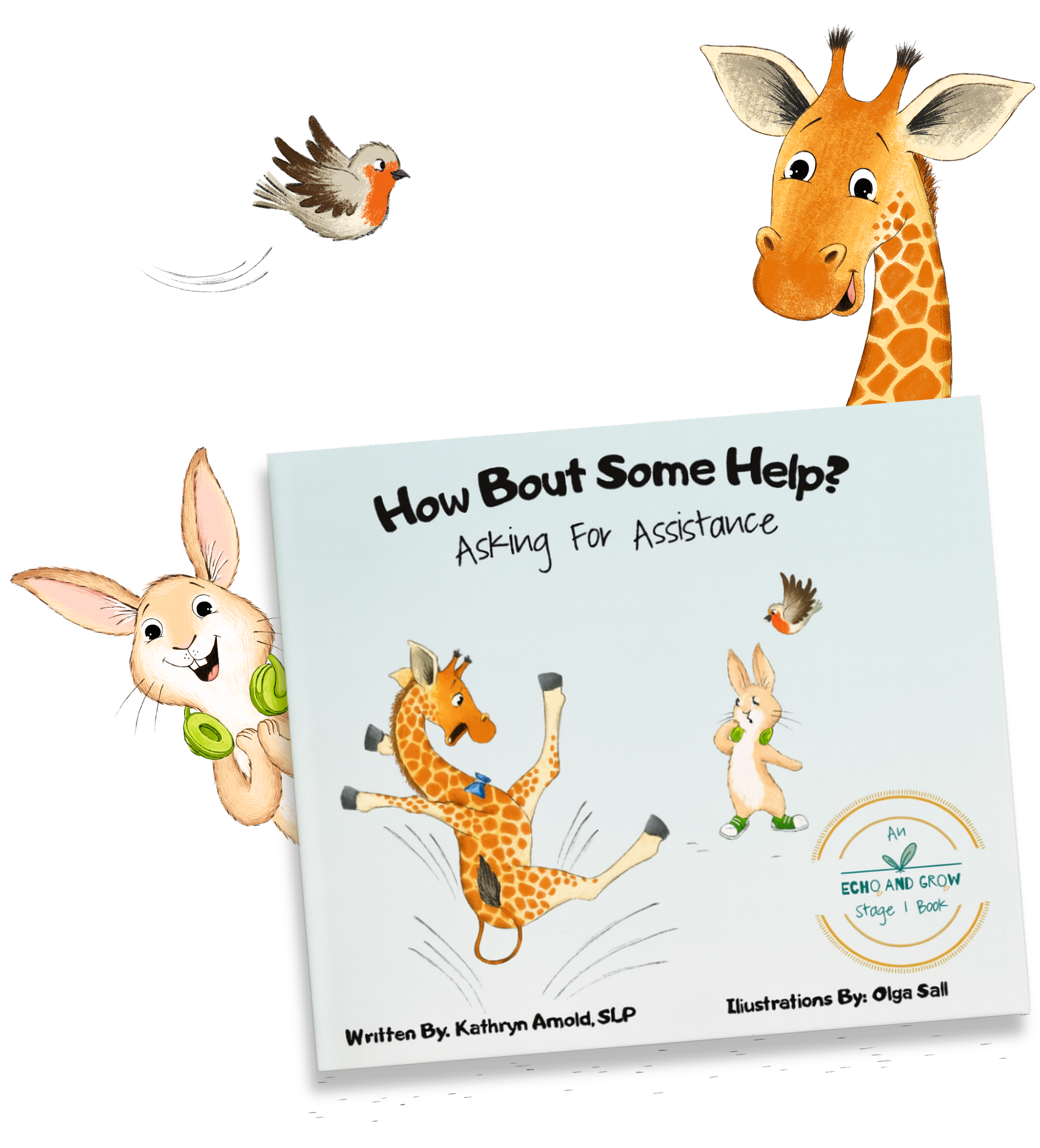 A children's book cover titled 'How Bout Some Help?  A book about language development and gestalt language processing by speech therapist Kathryn Arnold - resources for parents, teachers, and therapists.