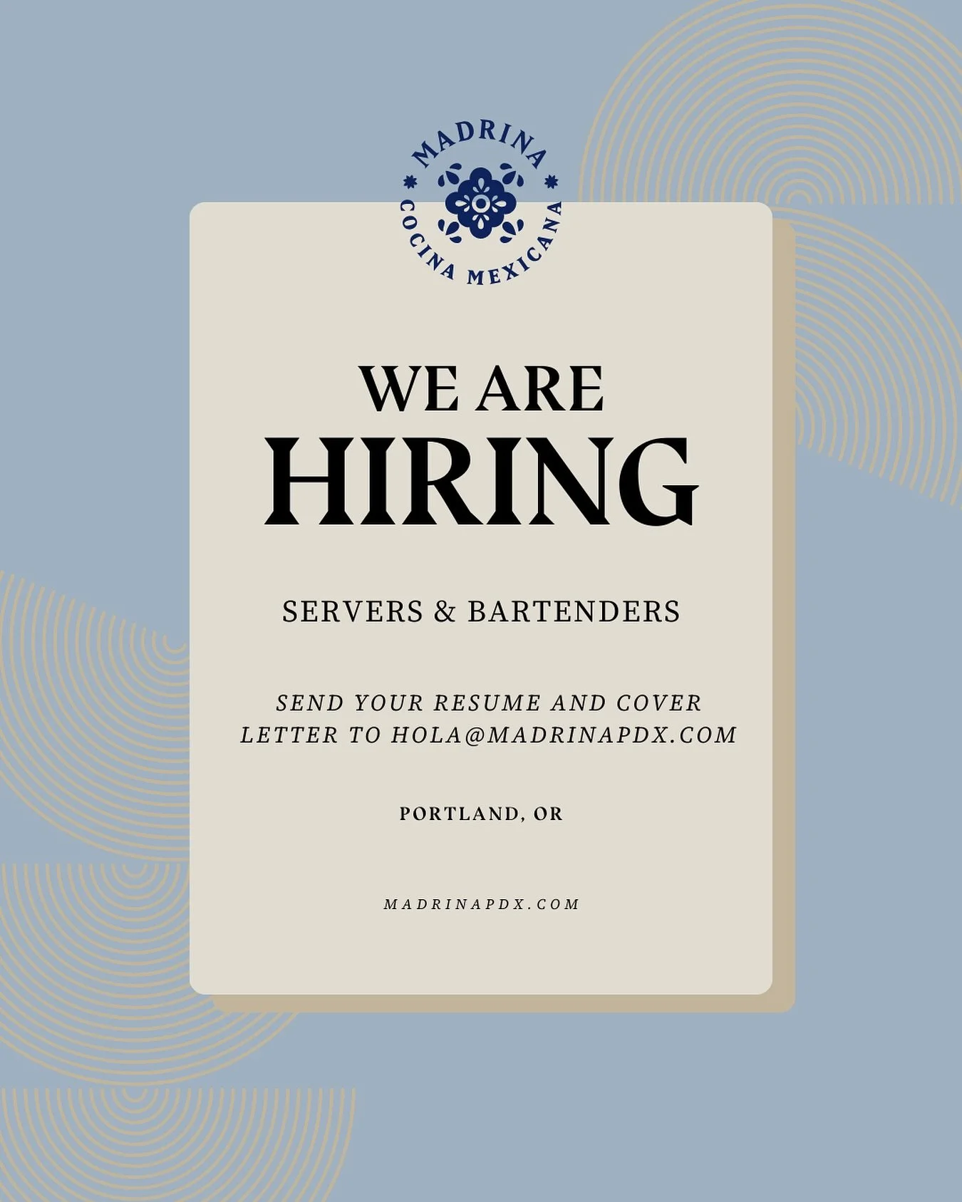 ✨ Madrina Cocina Mexicana is HIRING ✨

We&rsquo;re looking for energetic Servers &amp; Bartenders to join our team!

✨ What we&rsquo;re looking for:
&bull; Previous serving or bartending experience
&bull; Bilingual (English &amp; Spanish)
&bull; Stro