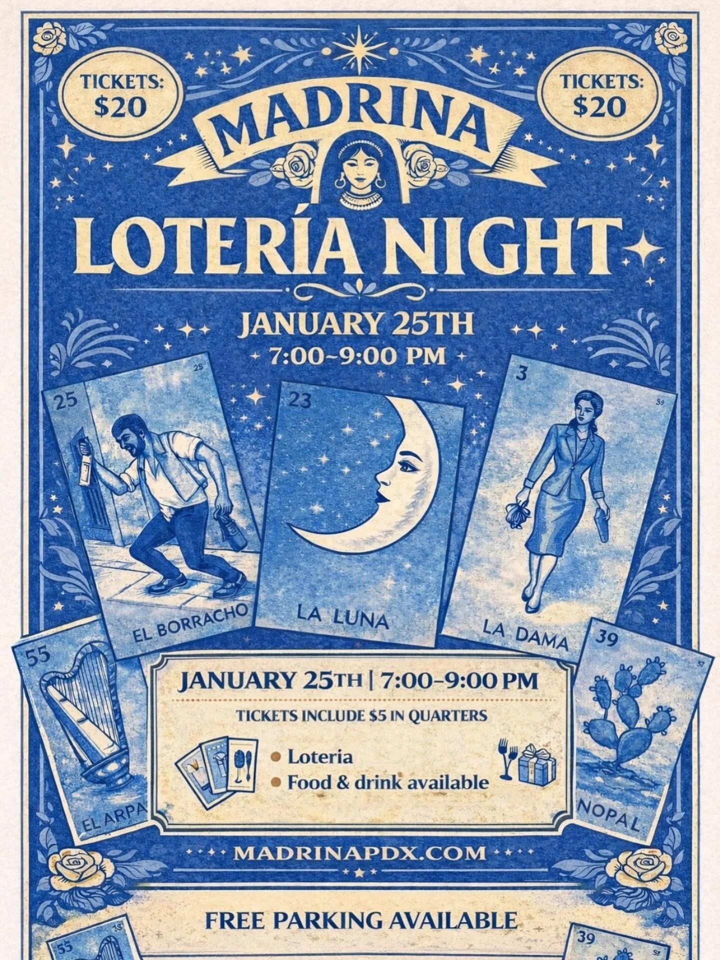 Loter&iacute;a night, Madrina style 🌙🃏
Un jueguito, una copa de vino, y buena compa&ntilde;&iacute;a 🍷

🎟 Tickets available now : $20
🗓 Jan 25 | 7&ndash;9 PM
🪙 $5 in quarters included
🚗 Free parking (First Come First Serve)

Don&rsquo;t Wait- 