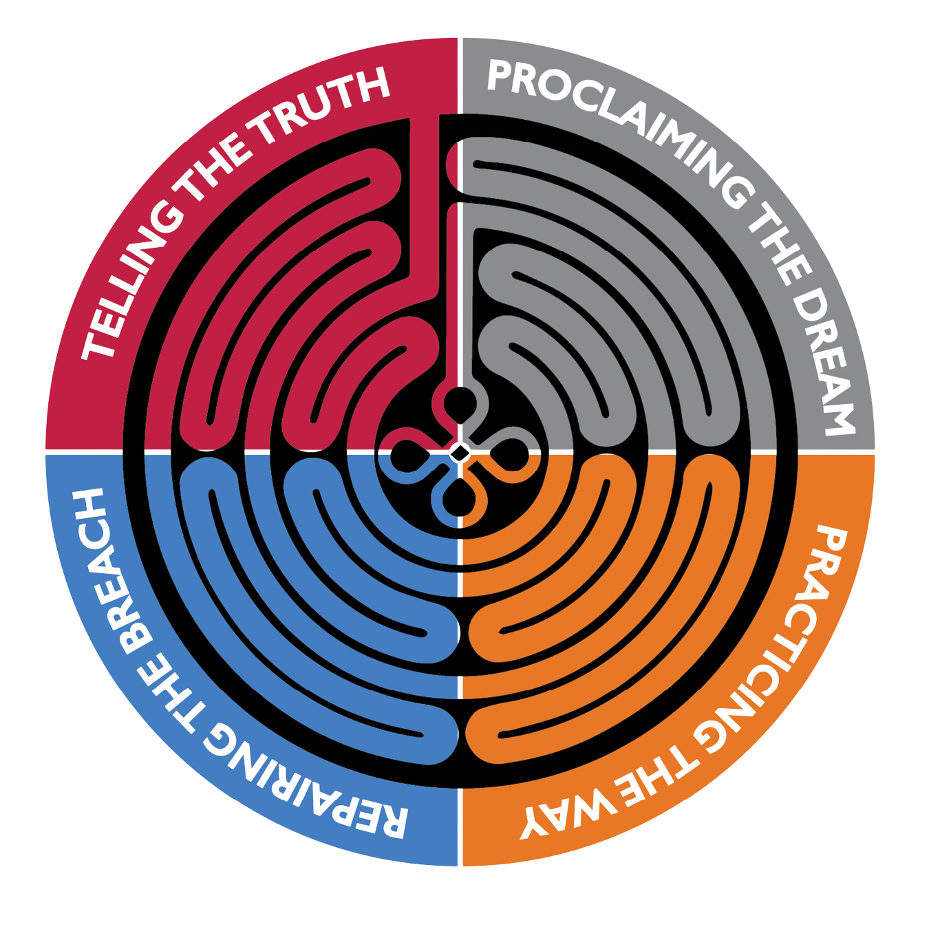 Colorful circular maze divided into four quadrants, each labeled with different themes: 'Tell the Truth,' 'Proclaim the Dream,' 'Peace Through Reconciliation,' and 'Remaining Faith.'
