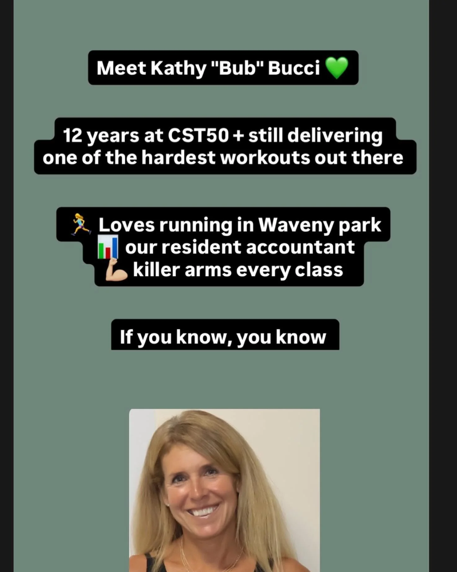 Get to know our team 🤍 Meet Kathy &ldquo;Bub&rdquo; Bucci ✨

📍 From Wayne, NJ 🏃🏻&zwj;♀️ Waveny Park regular 📊 Excel queen and our resident accountant 

&ldquo;12 years in and it&rsquo;s still the best full-body workout out there &mdash; but it&r