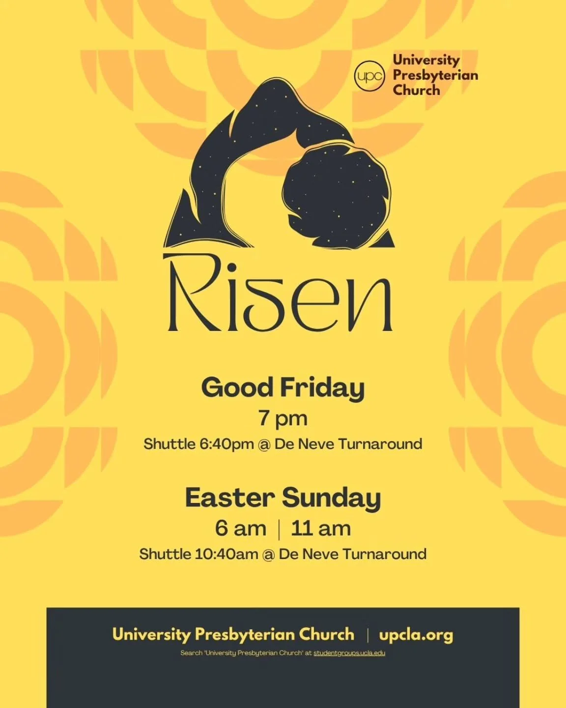 He is risen! Join us this Easter as we celebrate the hope and joy of the resurrection. Sunrise service will be at 6am, followed by our Easter service at 11am. A children's Easter egg hunt will take place during the 11am service and lunch will be serv