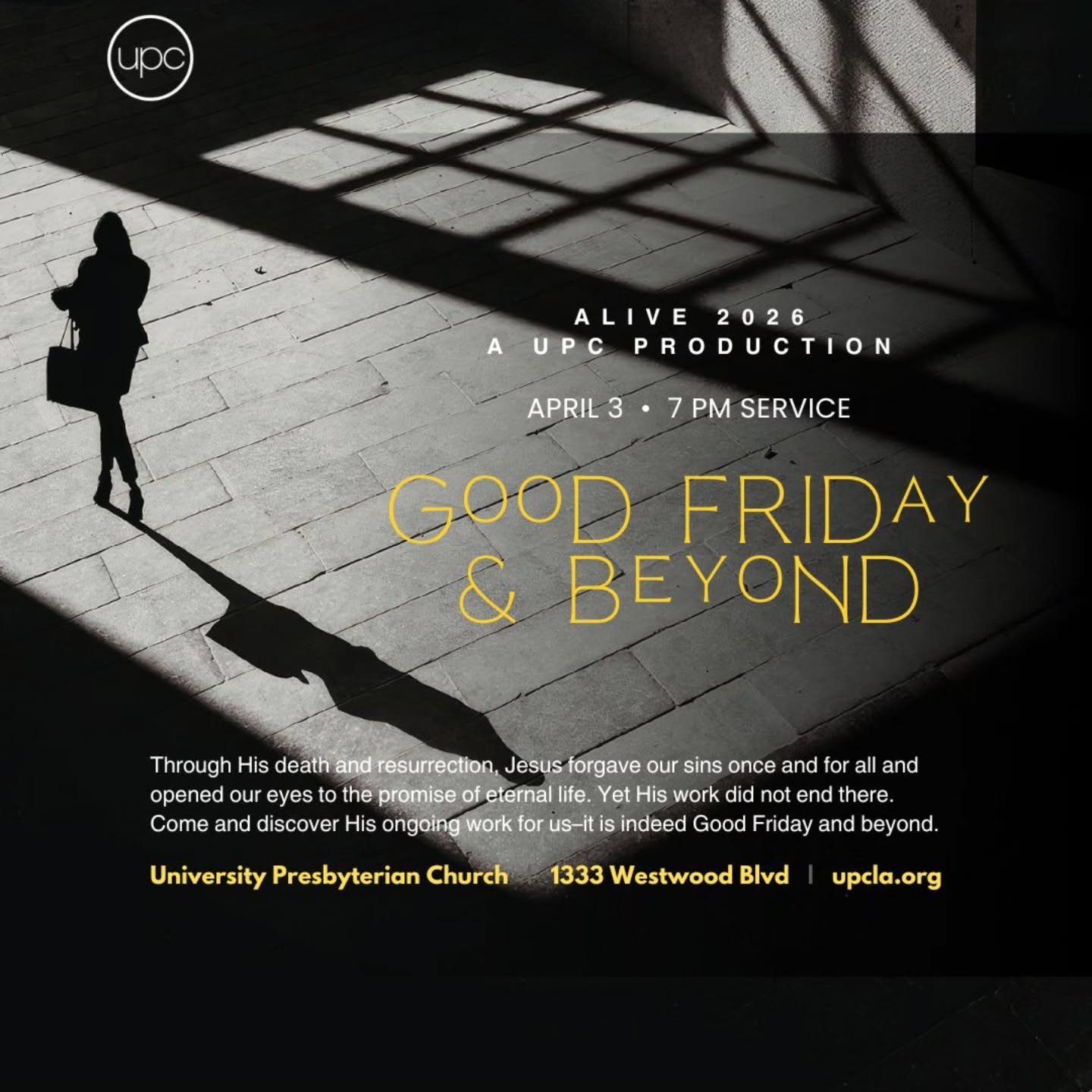 Join us for a special service sharing the Good Friday message through the arts!

Shuttle Service:
De Neve Turnaround at 6:40pm