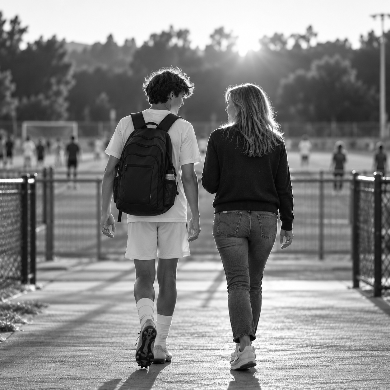 Parent and high school athlete walking and talking together