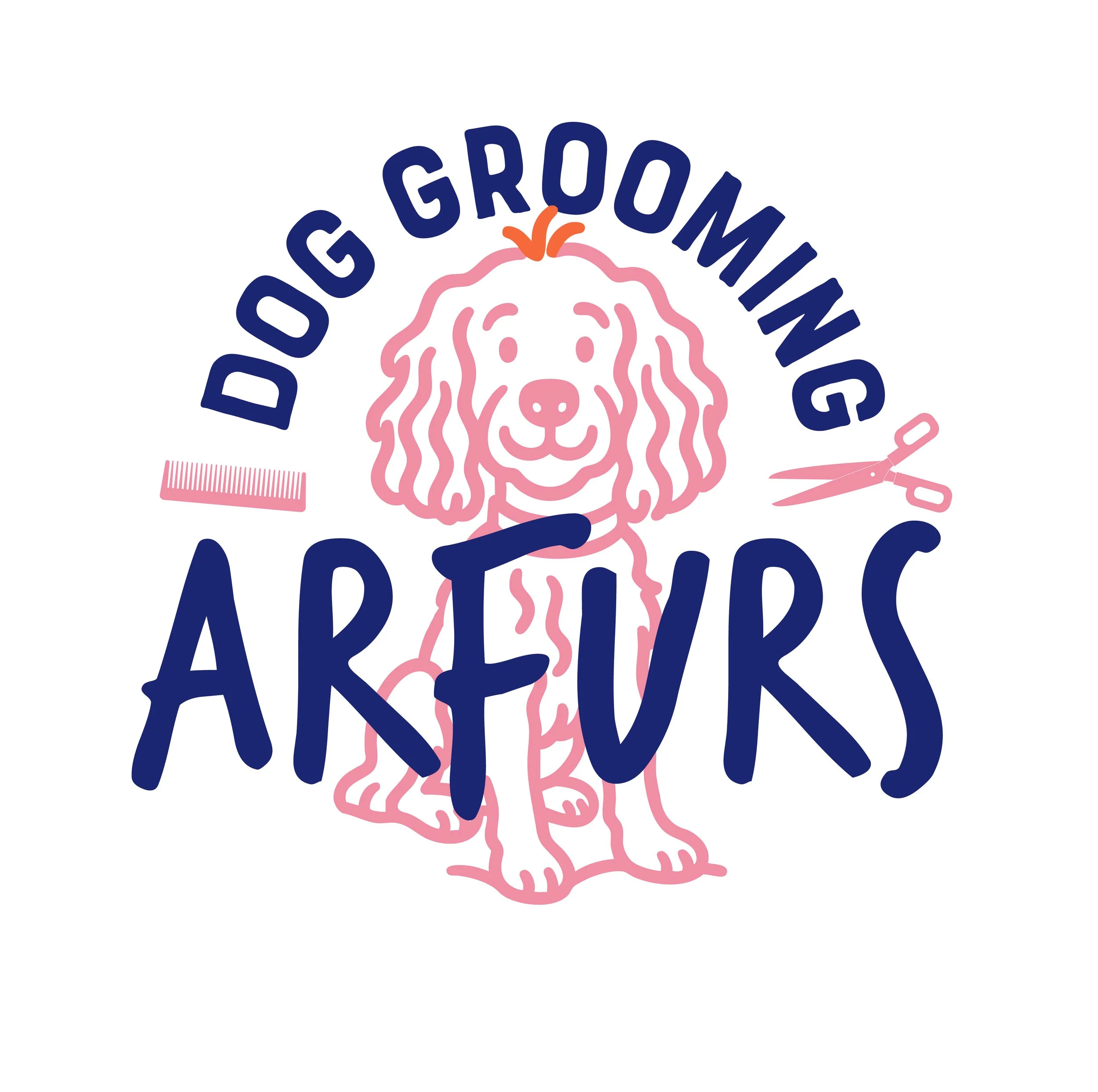 Logo for Dog Grooming Arfurs featuring a pink outline of a dog with long ears, surrounded by grooming tools like a comb and scissors, with the words "Dog Grooming" and "Arfurs" in navy blue.
