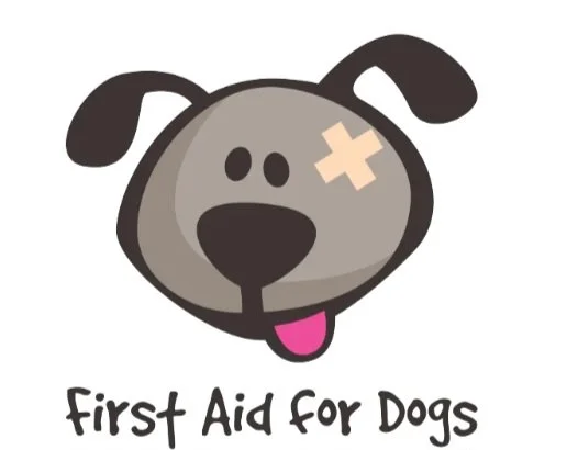 Cute cartoon dog with a bandage over one eye and tongue sticking out, with text 'First Aid for Dogs' below.