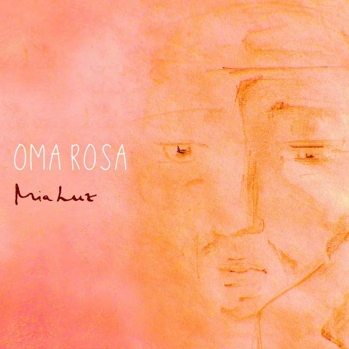 Buchcover mit dem Titel "Oma Rosa" und einer stilisierten Zeichnung eines Gesichts in warmen Farben