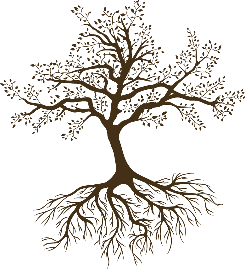 Ein stilisierter Baum mit sichtbaren Wurzeln, goldfarben vor schwarzem Hintergrund.
