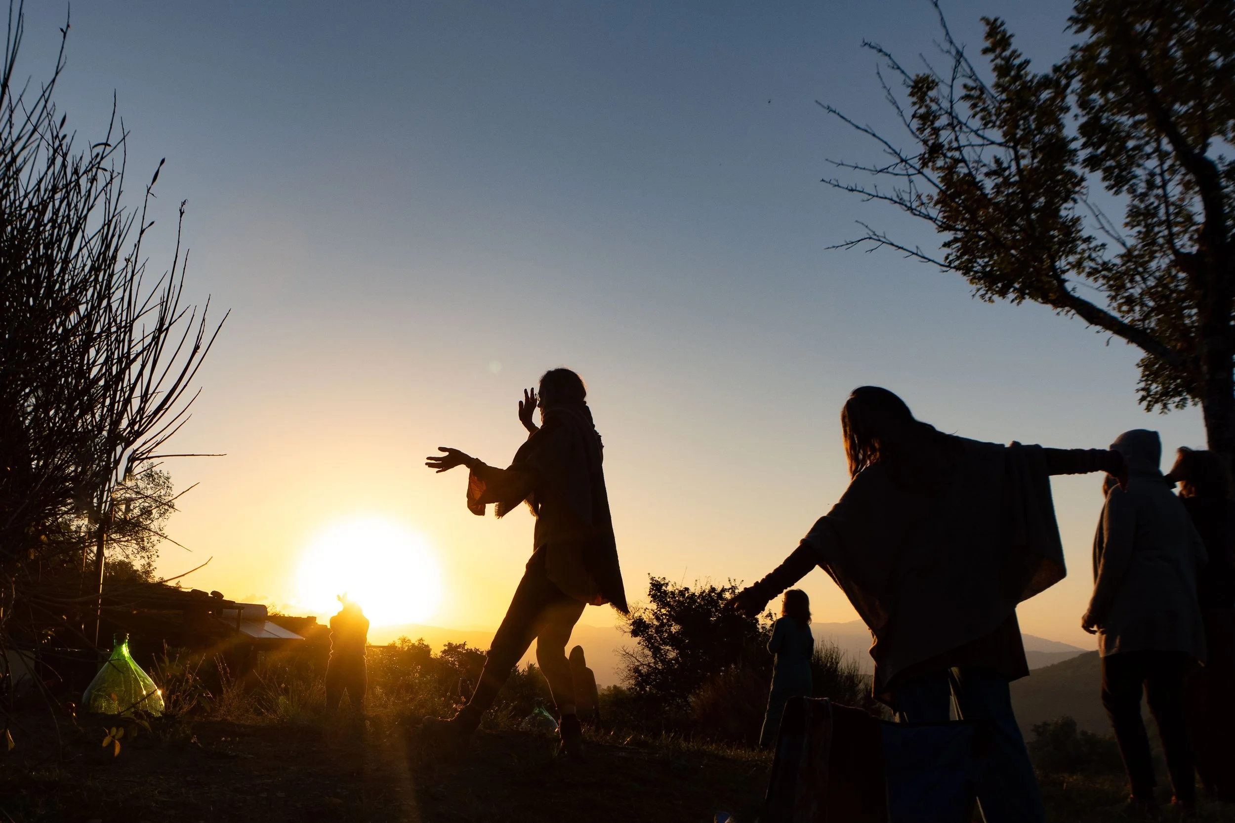 Silhouetten von Menschen bei Sonnenuntergang im Freien, einige gehen, andere stehen, mit Bäumen und Hügel im Hintergrund.