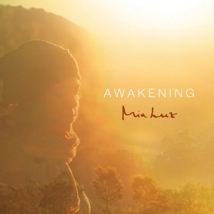 Das Bild zeigt einen Mann in Profilansicht vor einem Sonnenuntergang oder Sonnenaufgang, mit einer warmen, goldenen Lichtstimmung. Der Text auf dem Bild lautet 'AWAKENING' und 'Mia Lux'.