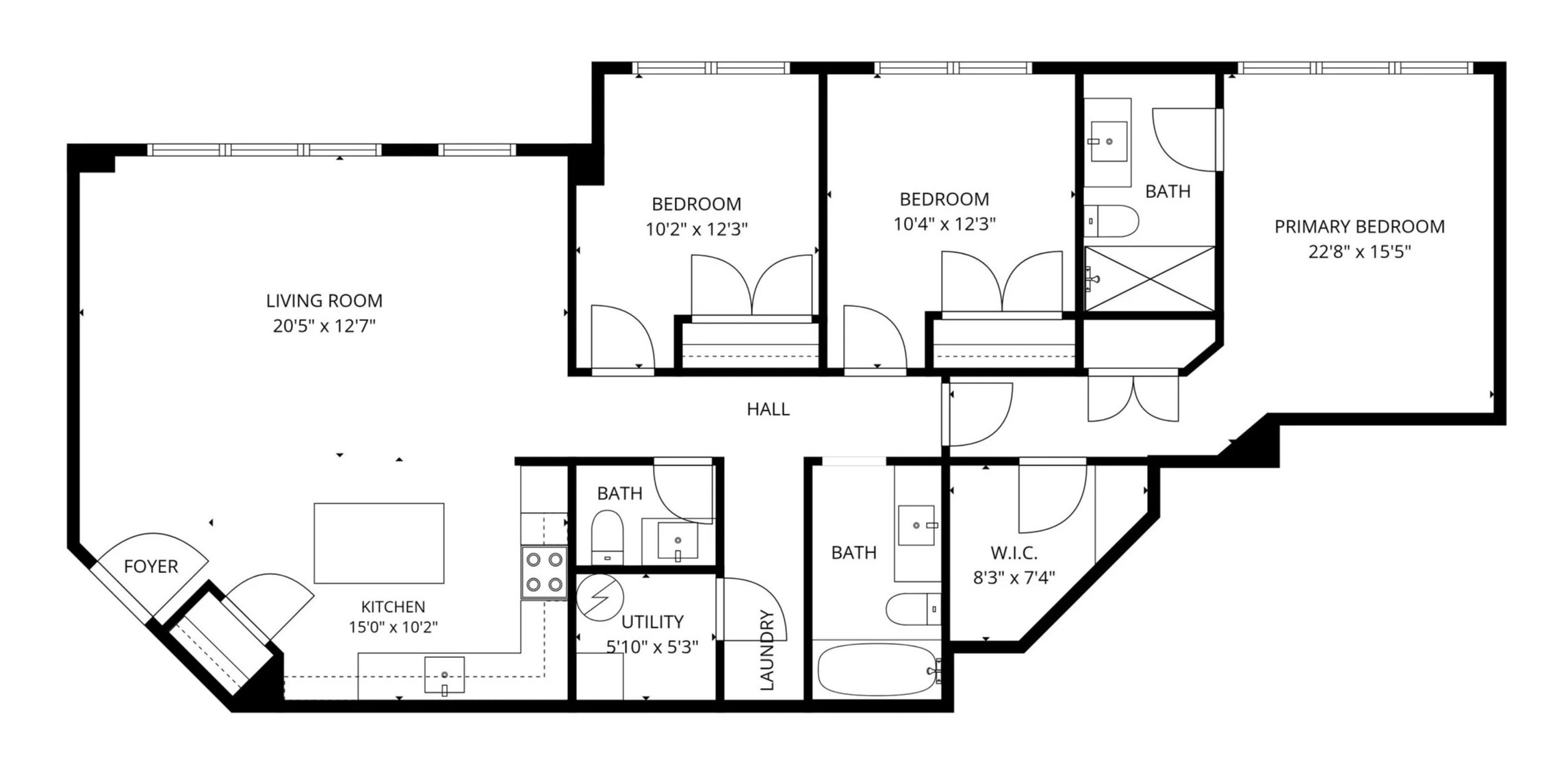 Floor plan of a house with a living room, kitchen, utility room, laundry, hall, three bedrooms, three bathrooms, and a primary bedroom with a walk-in closet.