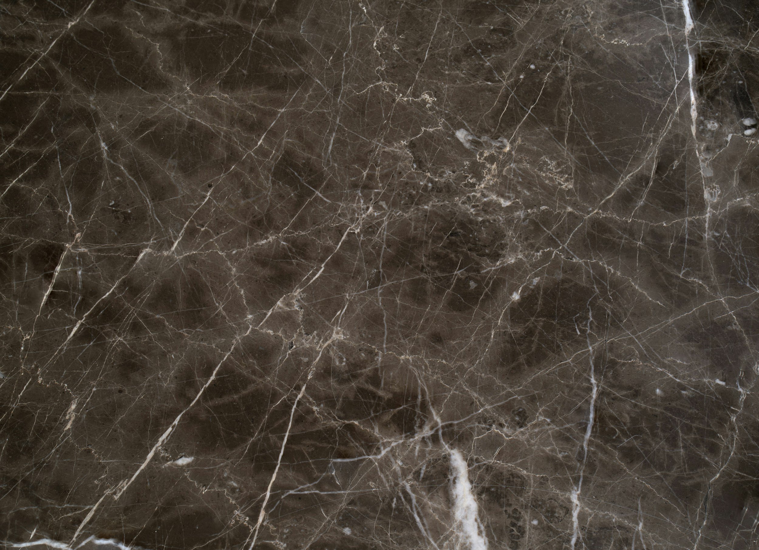 Close-up of a dark brown marble surface with light-colored veining.