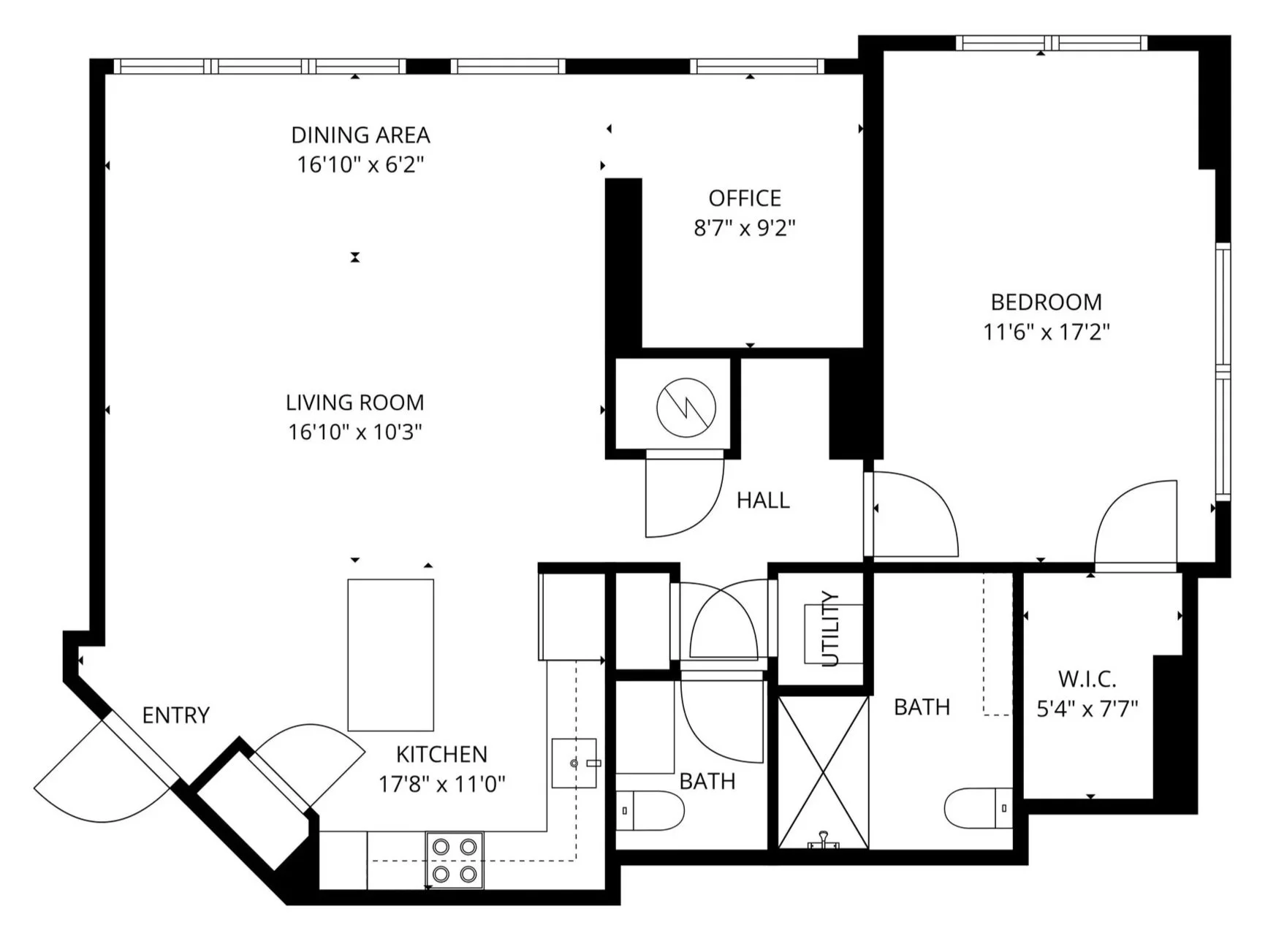 Floor plan of an apartment, showing rooms labeled as Entry, Kitchen, Living Room, Dining Area, Office, Bedroom, Walk-In Closet, Two Bathrooms, Hall, and Utility area. Measurements are included in feet and inches.