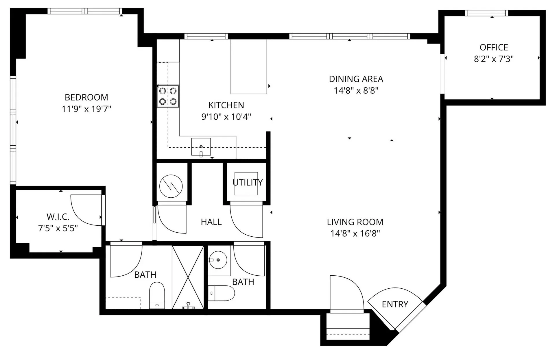 Floor plan of a house with labeled rooms including bedroom, walk-in closet, two bathrooms, kitchen, utility room, hall, dining area, living room, office, and entryway.