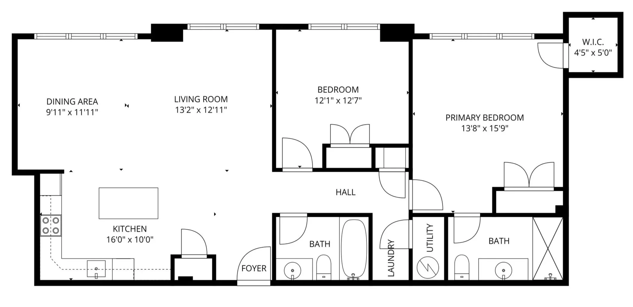 Floor plan of a house showing a kitchen, dining area, living room, two bedrooms, two bathrooms, a foyer, a hall, and utility spaces, with dimensions labeled for each room.