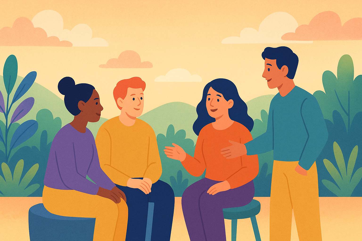 Four people engaged in a conversation outdoors during sunset, surrounded by green plants and hills.