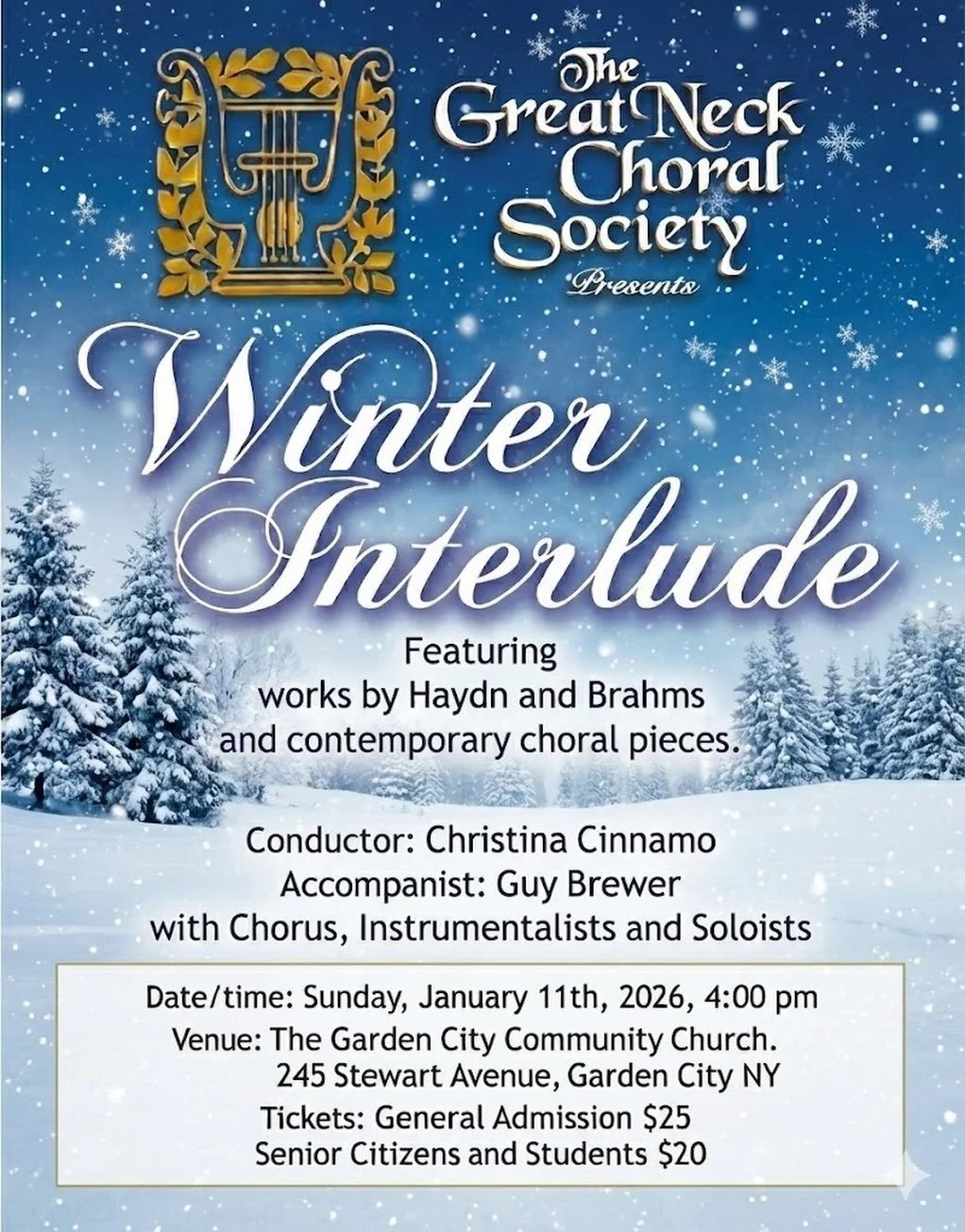 Our opening concert of the year, &ldquo;Winter&rsquo;s Interlude&rdquo; is approaching THIS Sunday 1/11! ❄️ Join us at Garden City Community Church for a beautiful program.