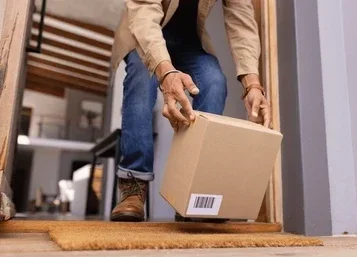 Person in jeans and beige jacket placing a cardboard box on the floor near a door inside a home.