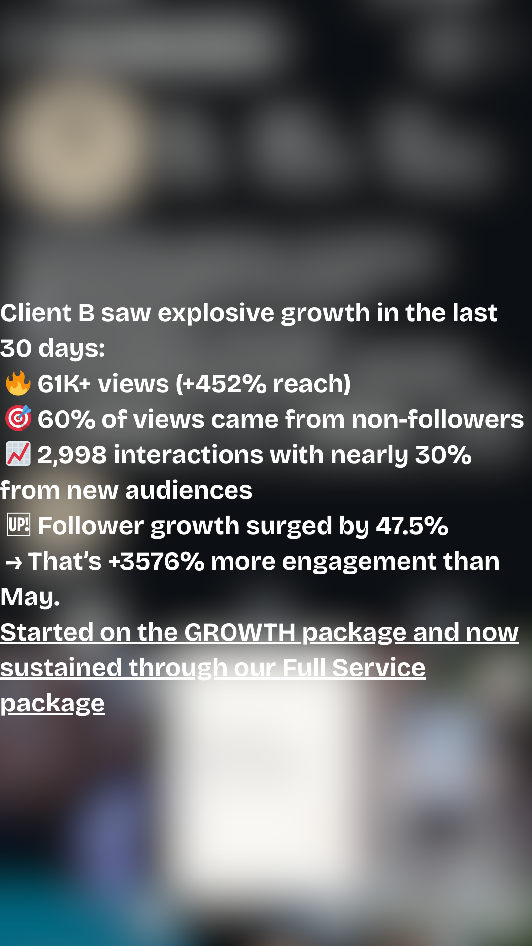 Text overlay on blurred background showing social media growth stats, including views, engagement, and follower increase.