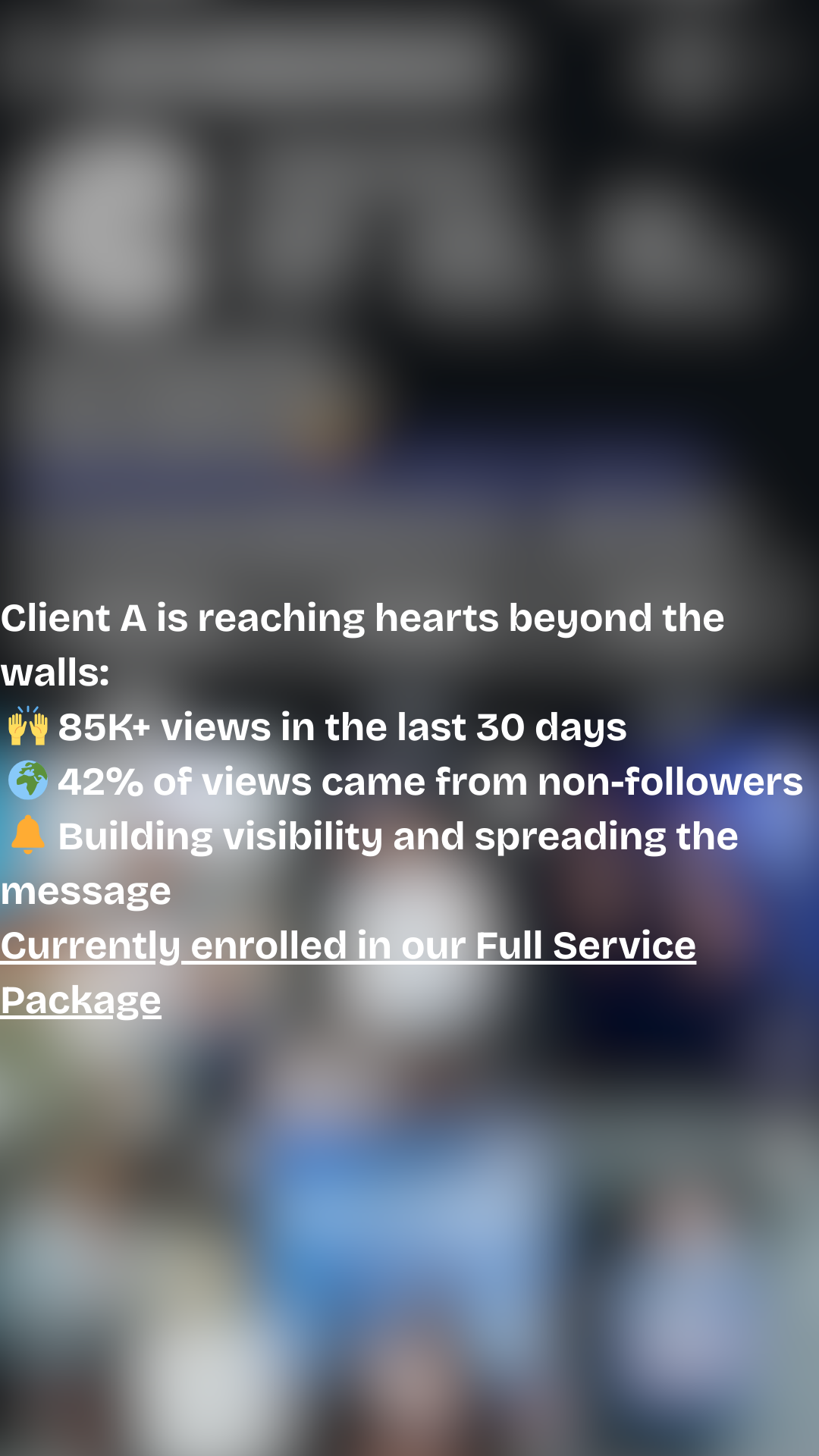 Text overlay on a blurred background with statistics about a client's social media engagement and promotion of a full service package.