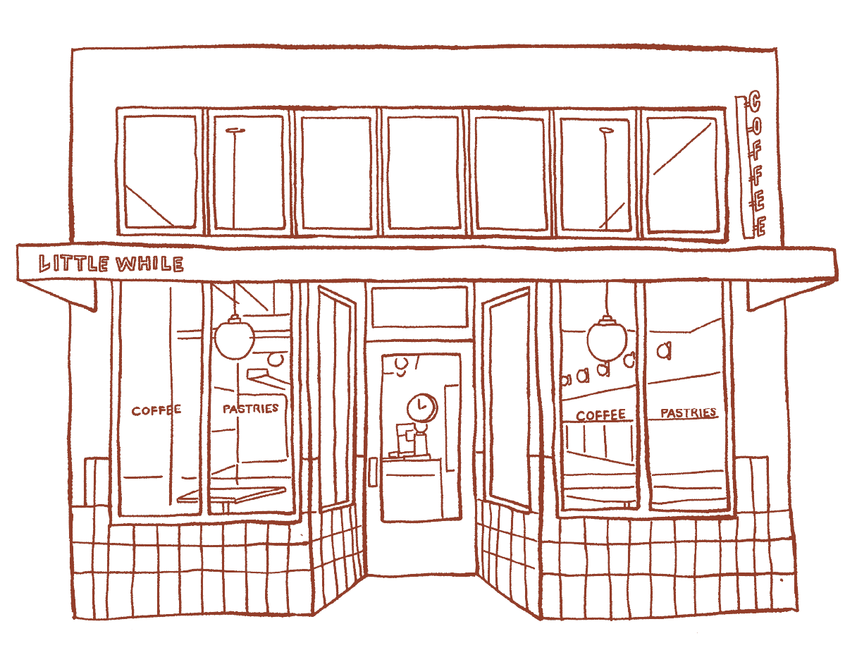 A hand-drawn line art illustration of a cafe storefront with large windows, a central door, and signs indicating coffee and pastries inside. The upper part of the building has seven windows, and a sign above the door reads 'LITTLE WHITE'.