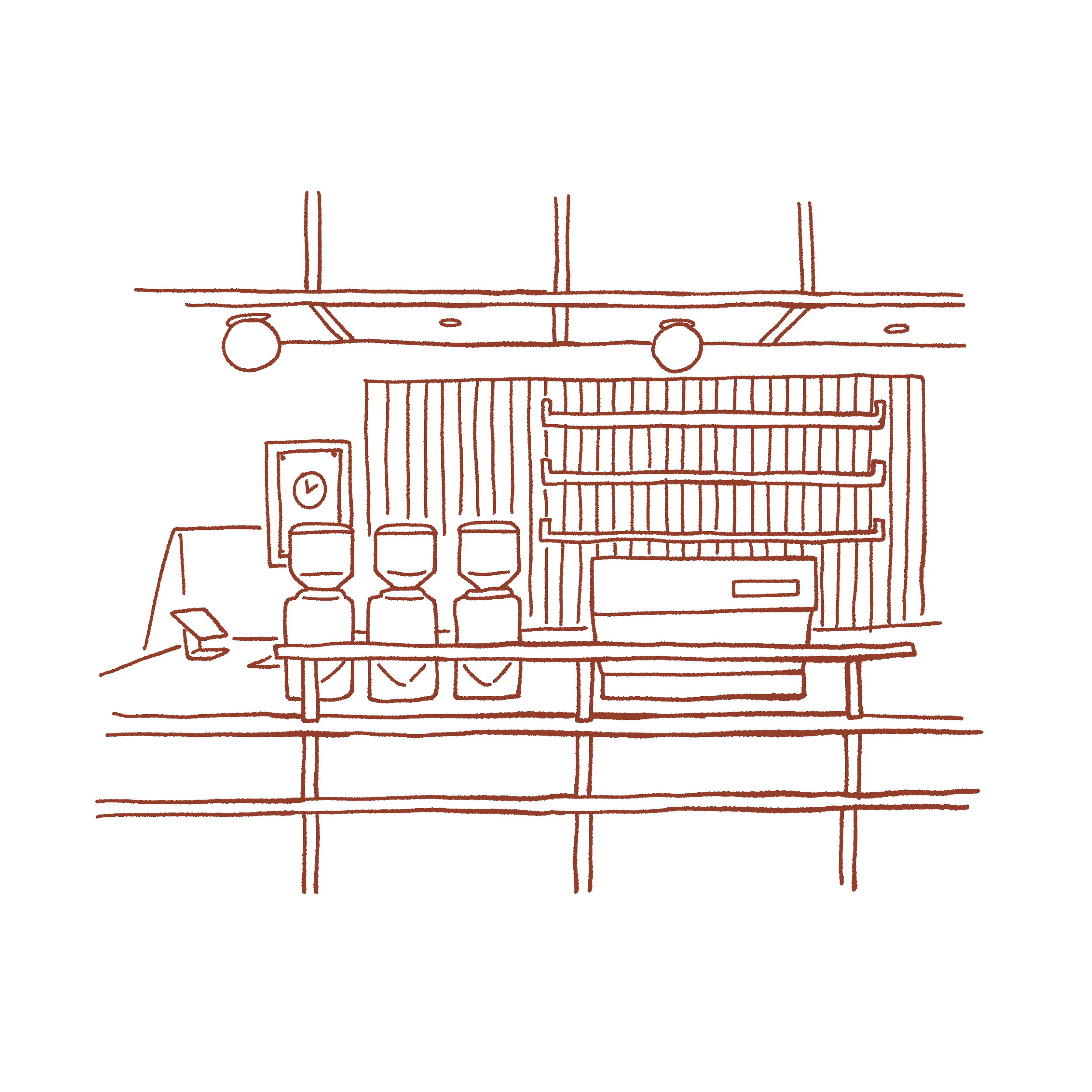 Line drawing of the Little While coffee bar, showing the espresso machine, POS system, coffee grinders and tiled backsplash.