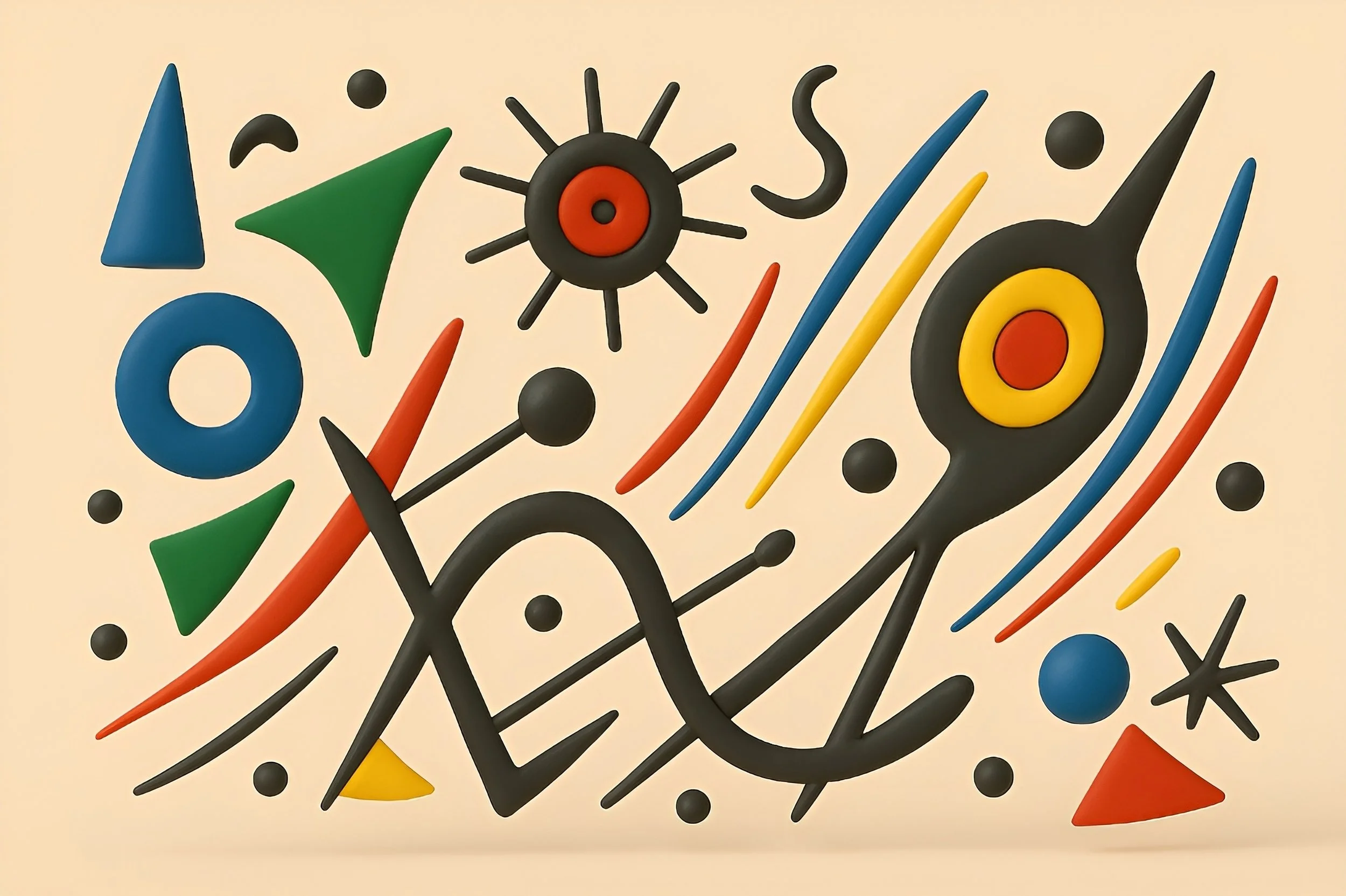 Abstract colorful geometric shapes and lines on a beige background