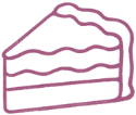A simple, outline drawing of a slice of layered cake in purple.