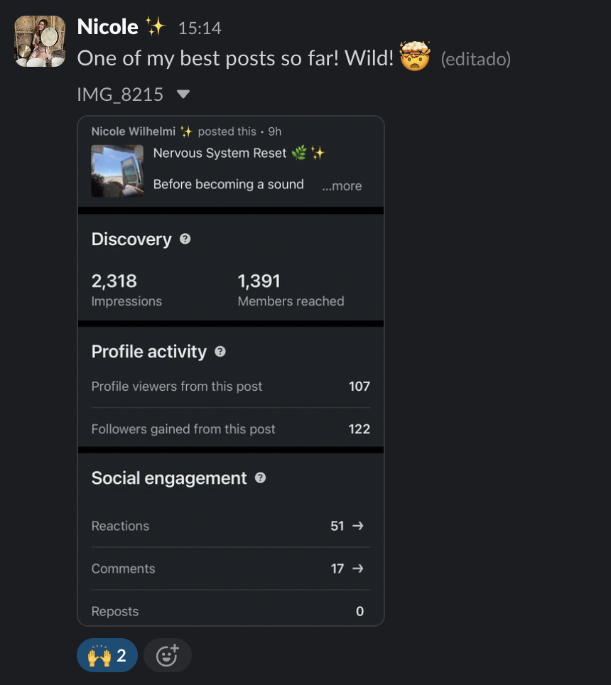 Screenshot of a social media post showing analytics for a post titled 'Nervous System Reset.' The post includes metrics like impressions, members reached, profile viewers, followers gained, reactions, comments, and reposts, along with some user interface icons.