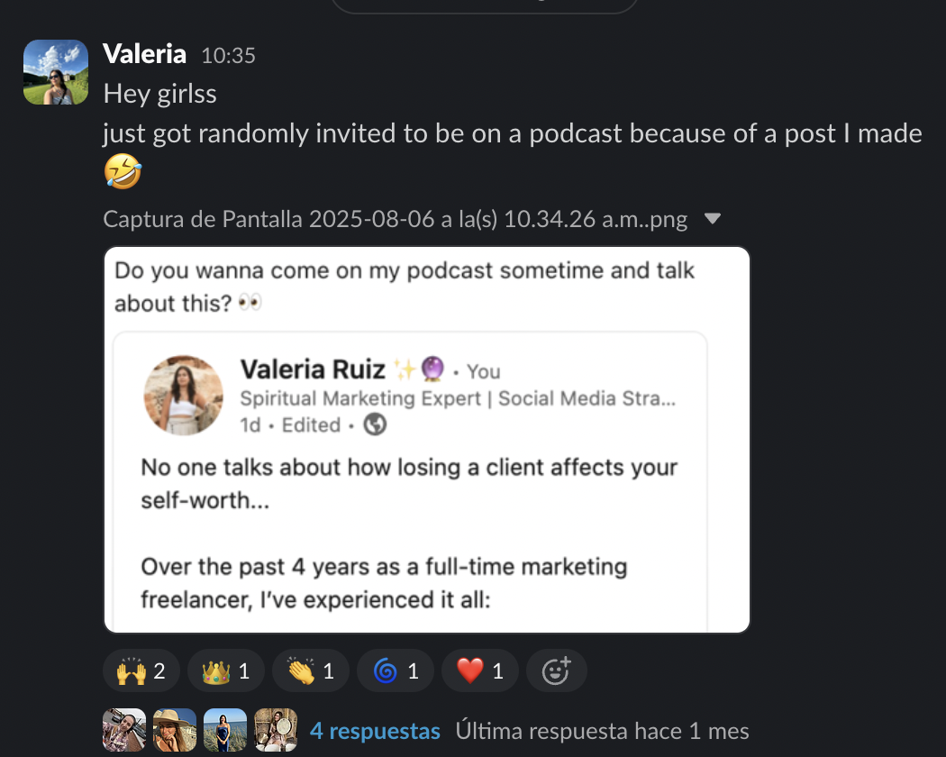 A screenshot of a social media conversation where Valeria invites girls to join her podcast, sharing a screenshot of a post by Valeria Ruiz discussing her experience as a marketing freelancer.