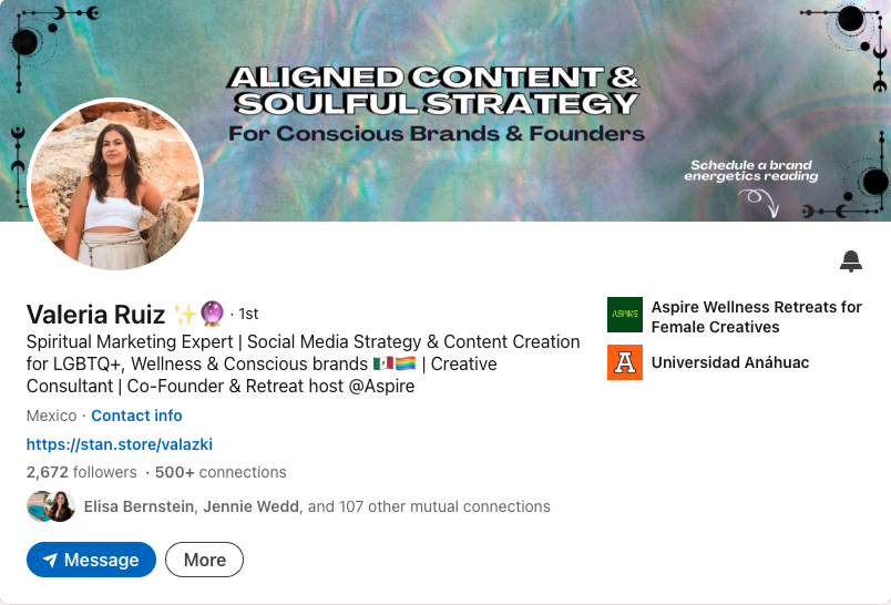 LinkedIn profile header with a colorful, abstract background, a photo of Valeria Ruiz, and text promoting aligned content and soulful strategy for conscious brands and founders.