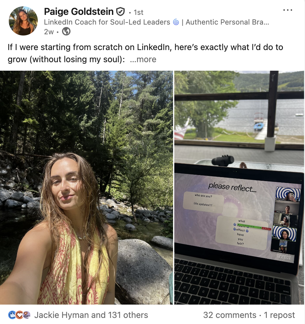 A woman taking a selfie outdoors by a river with rocks and trees, and an open laptop nearby showing a reflection exercise with video call thumbnails.