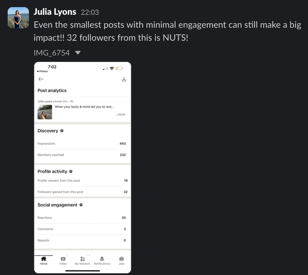 Screenshot of a social media analytics app showing post engagement metrics, including impressions, reach, profile views, followers gained, reactions, comments, and reposts.