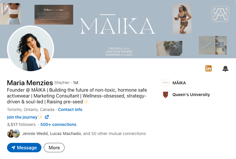 LinkedIn profile homepage for Maria Menzies, a wellness and activewear strategist based in Toronto, wearing a white top, with a custom banner with her name and images of activewear, fitness, and wellness content.