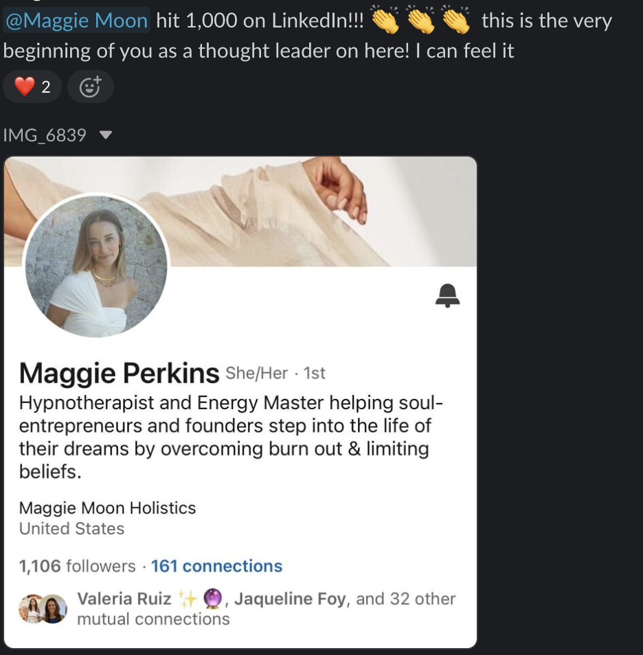 LinkedIn profile of Maggie Perkins, a woman with blonde hair, wearing a white top, smiling, with a light-colored background. Her profile description mentions she is a hypnotherapist and energy master based in the United States.