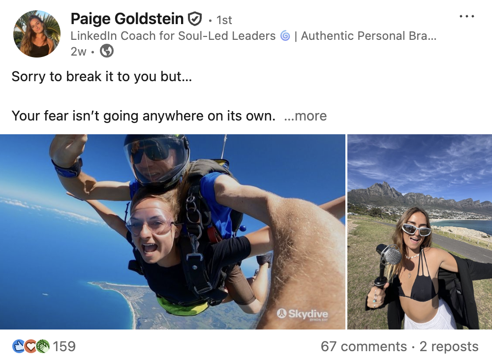 A woman mid-air during a tandem skydive, smiling and secured with a harness, with a second person behind her in a helmet. The sky is blue with some clouds, and the ocean and coastline are visible below. In the second image, a woman stands outside on grass near mountains, wearing sunglasses and a bikini top, holding a microphone, with a scenic landscape behind her.