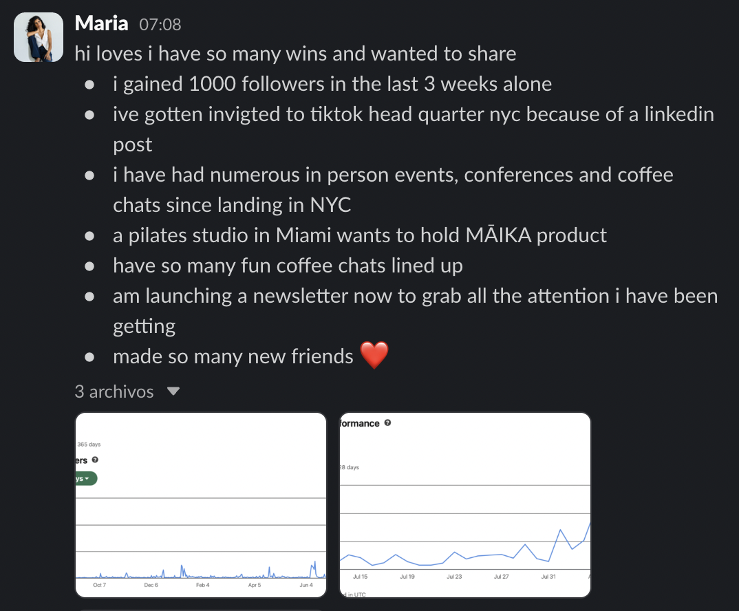 Screenshots of social media analytics graphs showing follower growth over time, with a message celebrating achievements and social media milestones.