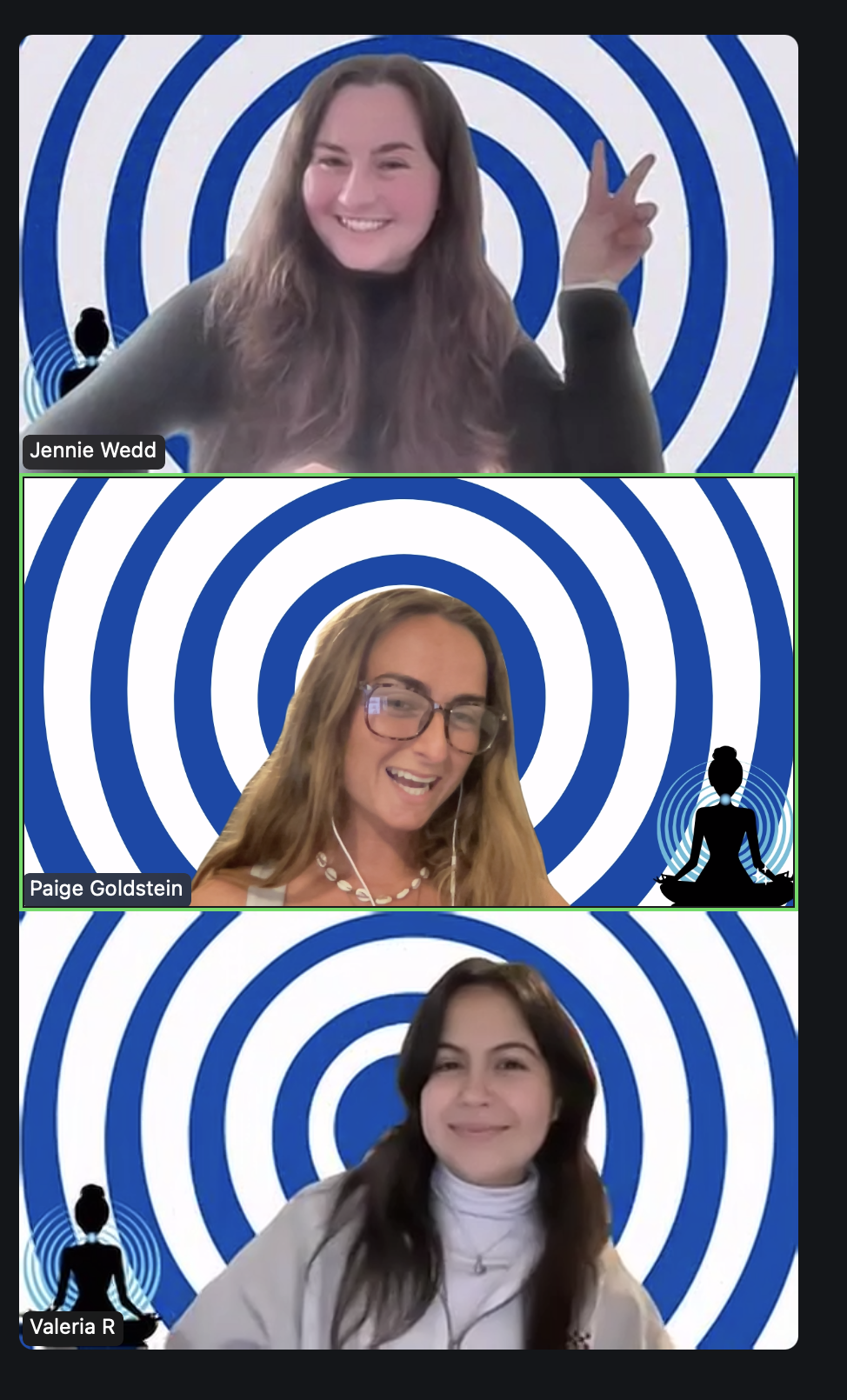 Three women participating in a virtual video call, each with a blue and white concentric circle background and a small black silhouette of a person in meditation pose with soundwaves emanating from their head and hands.